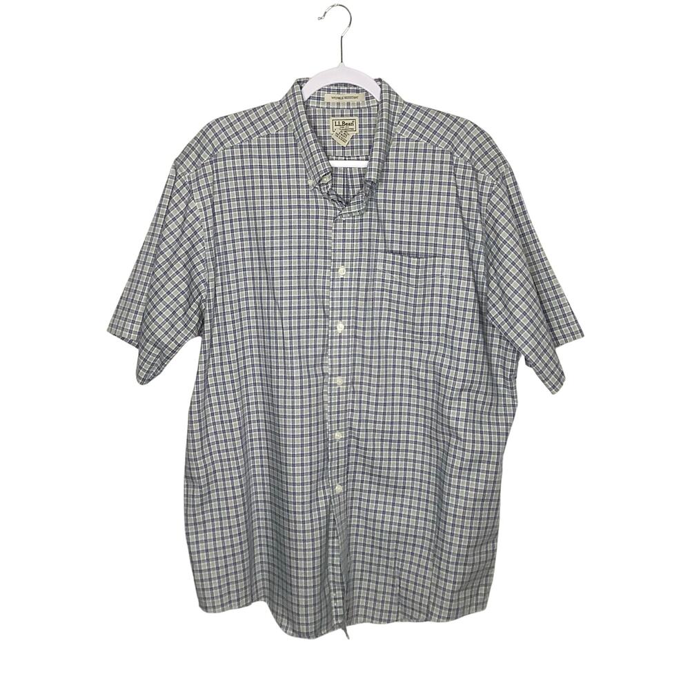 L.L. Bean Blue Green White Plaid Casual Short Sleeve Button Down Shirt XL